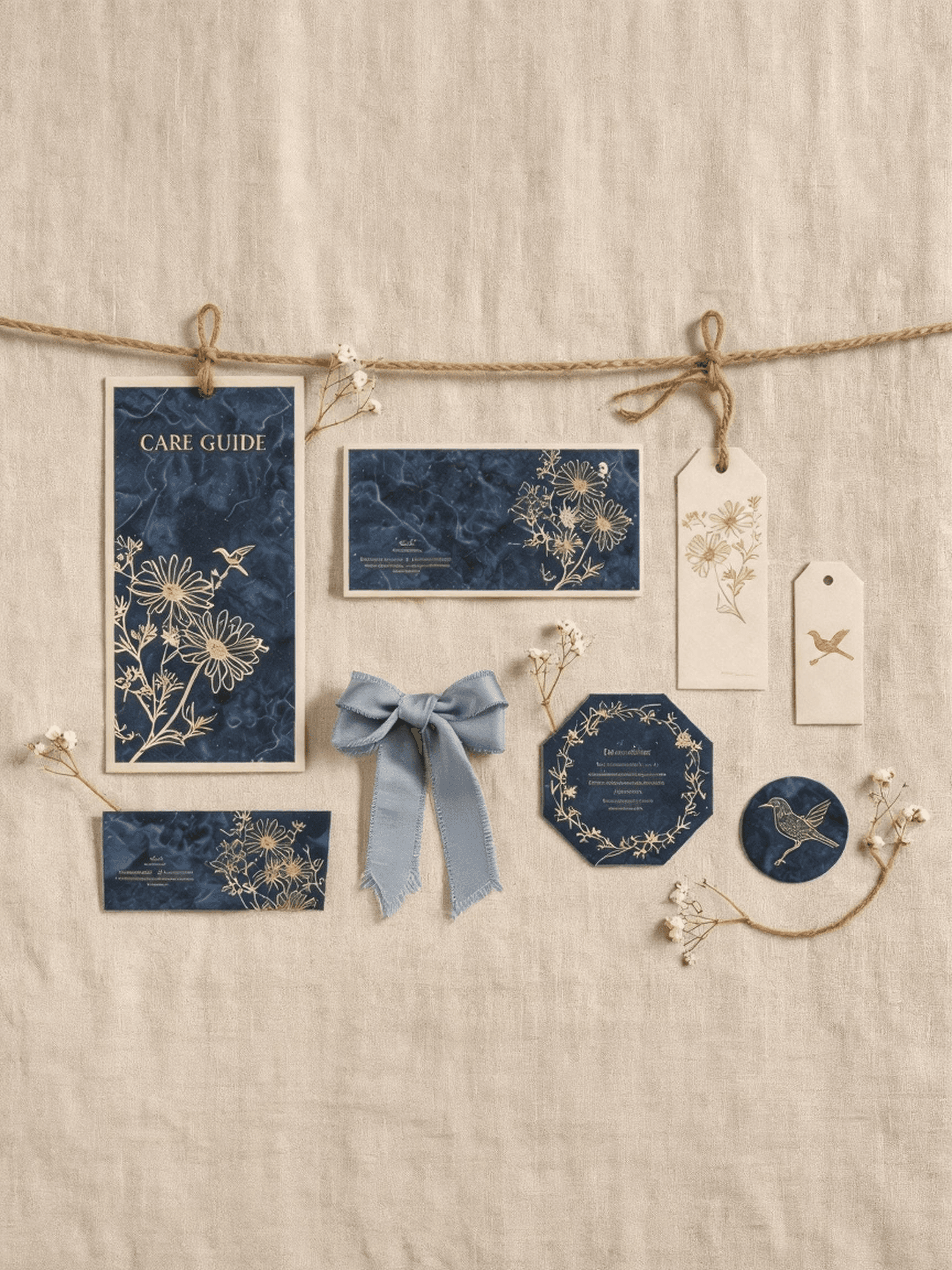 WhimWrap packaging flat lay — tags, seals, and gift boxes
